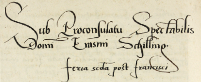 Z księgi radzieckiej obejmującej lata 1538–1540 strony 350–351 nagłówkiem wpisów spraw
za kadencji burmistrzowskiej Erazma Schilinga w 1539 roku – oraz powiększenie zapisu imienia i funkcji burmistrza
(Archiwum Państwowe w Krakowie, sygn. rkps 437, s. 350–351)