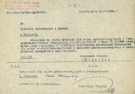 Z magistrackich akt Korespondencja ogólna dotycząca spraw administracyjno-przemysłowych wykazy
i kwestionariusze zakładów przemysłowych oraz zakładów przemysłu gospodniego (hoteli i pensjonatów)
1945–1946 sporządzone w 1945 r. przez kierownika Mieczysława Zawodnego pismo przewodnie do wykazu
placówek związanych z gastronomią
(Archiwum Narodowe w Krakowie, sygn. 29-699-437, nlb)