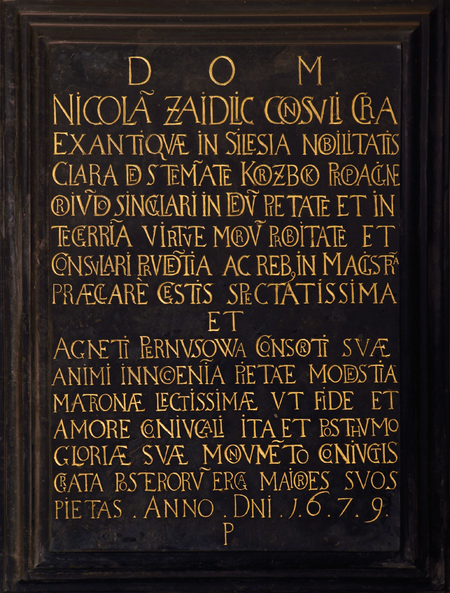 Z pomnika nagrobnego Pernusów w kościele Mariackim
epitafium Mikołaja Zaydlica i jego żony Agnieszki z Pernusów