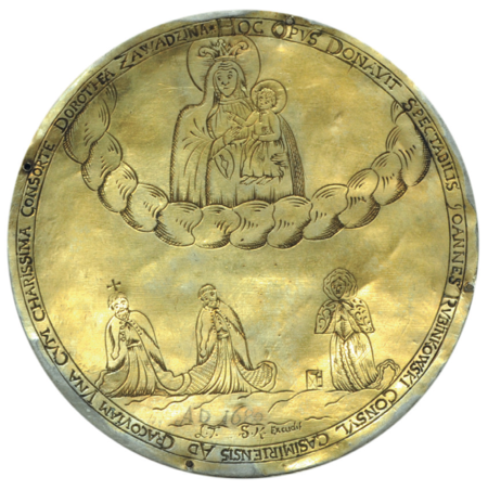 Kielich mszalny srebrny, suto złocony, pokryty filigranem z emalią węgierską, ufundowany w 1680 roku
przez Jana Rubinkowskiego i jego pierwszą żonę Dorotę Zawadzinę dla kościoła Bożego Ciała; na stopie kielicha ryt
przedstawiający wyobrażenie Najświętszej Marii Panny z Dzieciątkiem i modlących się ofiarodawców, postać z lewej strony
prawdopodobnie wyobraża zmarłego już Hieronima, ojca Jana (Skarbiec klasztoru Kanoników Regularnych Laterańskich
przy kościele Bożego Ciała w Krakowie)