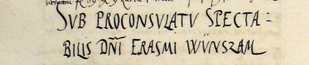 Z księgi radzieckiej obejmującej wpisy z lat 1542–1545 strony 114–115 z nagłówkiem otwierającym wpisy spraw dziejących się
z końcem 1542 roku, za urzędowania burmistrza Erazma Wunzama – oraz powiększenie zapisu imienia i funkcji burmistrza
(Archiwum Państwowe w Krakowie, sygn. rkps 439, s. 114–115)