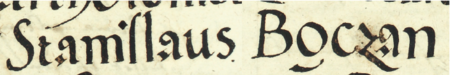 Z księgi radzieckiej Kazimierza obejmującej lata 1540–1545: fragment wpisu dokumentującego
wybór rady urzędującej na rok 1542, ze Stanisławem Boczanem w składzie – zbliżenie zapisu imienia
(Archiwum Narodowe w Krakowie, sygn. K 10, s. 276)