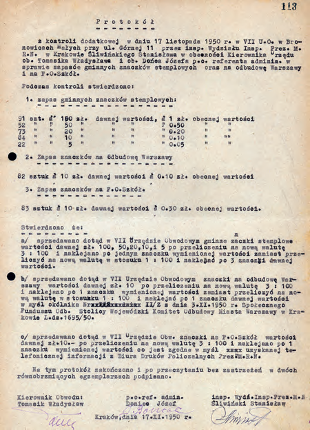 Z akt prezydialnych Miejskiej Rady Narodowej w Krakowie pochodzący z 1950 r. protokół pokontrolny
sporządzony w 1950 r. przy udziale kierownika Władysława Tomasika
(Archiwum Narodowe w Krakowie, sygn. 29-701-795, nlb)