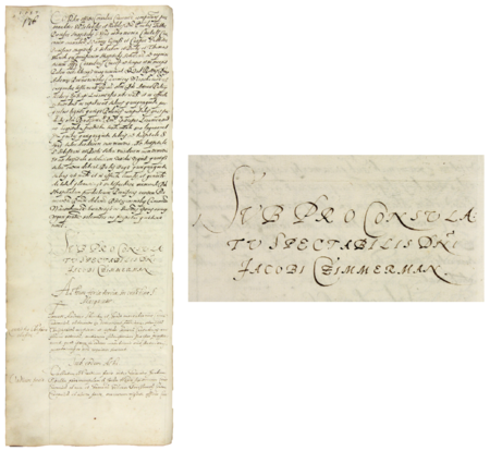 Z księgi radzieckiej obejmującej lata 1587–1588 strona 176 z nagłówkiem otwierającym wpisy spraw prowadzonych
za kadencji burmistrzowskiej Jakuba Zimmermana w 1587 roku – oraz powiększenie zapisu imienia i funkcji burmistrza
(Archiwum Państwowe w Krakowie, sygn. rkps 450, s. 176)
