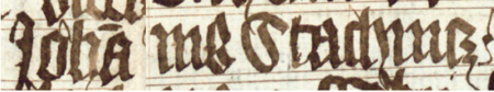 Z księgi radzieckiej Kazimierza obejmującej lata 1416–1433: fragment wpisu
dokumentującego wybór rajców na rok 1422, z Janem Stachniczem w składzie – oraz zbliżenie zapisu imienia
(Biblioteka Jagiellońska, sygn. rkps 1045/2, k. 97v)