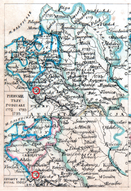 Mapa nr 17 (u góry); mapa nr 18 (na dole) – lewa strona czteromapowej tablicy
Tablica z czterema mapami obrazującymi terytorium ziemi krakowskiej w historycznym
procesie
zmian przynależności państwowej od pierwszego rozbioru Polski do kongresu
wiedeńskiego
– granica na Wiśle po pierwszym rozbiorze (1772) i część prawobrzeżna