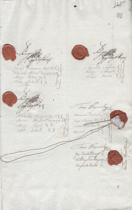 Strona z tak zwanej metryki józefińskiej – galicyjskiego katastru gruntowego; wpis z 1787 roku z potwierdzeniami prawidłowości wytyczenia
granic pomiędzy wsiami, dokonanego w ramach sporządzanego katastru gruntowego; u góry strony podpisy wójta i przysiężnych Pychowic,
obok podpisów reprezentacji wiejskich widoczne także podpisy i pieczęcie plenipotentów właścicieli wsi
(CPAHU we Lwowie, sygn. fond 19, opis 8, sprawa 55)