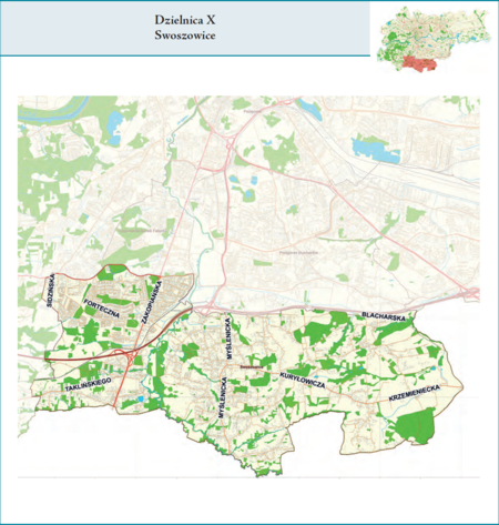 Dzielnica X Swoszowice według stanu z 2017 r. na przywołanym wcześniej planie miasta z tego samego roku – dzielnica
samorządowa o powierzchni 25,6 km² (udział 7,83% w całej powierzchni miasta), położona na terenach historycznych jednostek
katastralnych: Swoszowice, Rajsko, Kosocice, Soboniowice, Zbydniowice, Wróblowice, Lusina, Opatkowice
i Libertów, po części także Kobierzyn, Borek Fałęcki i Kurdwanów, fragmentami Jugowice i Piaski Wielkie (vide plan na s. 239).
Opis przebiegu granic tej dzielnicy podano na następnej stronie.