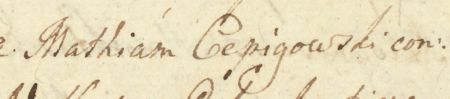 Z księgi radzieckiej kazimierskiej obejmującej lata 1759–1763: wpis dokumentujący wybór rady
urzędującej na rok 1761, z Maciejem Czepigowskim w składzie – oraz zbliżenie zapisu imienia
(Archiwum Narodowe w Krakowie, sygn. K 50, s. 252–253)