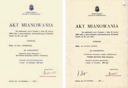 W sierpniu 1990 r. przeprowadzono stabilizację personalną kierownictwa delegatur Urzędu Miasta Krakowa – komplet
dokonanych przez prezydenta miasta Jacka Woźniakowskiego aktów mianowania kierowników 4 delegatur oraz
dyrektora Biura Delegatur i jego zastępcy, którzy łączyli te stanowiska z kierowaniem przydzielonymi delegaturami
(ze zbiorów prywatnych oraz z akt Urzędu Miasta Krakowa)