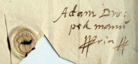 Pieczęć papierowa na podkładzie woskowym z herbem (gmerkiem mieszczańskim) oraz podpis Adama Dropka
z aktu wydanego w roku 1579 (Archiwum Narodowe w Krakowie, sygn. rkps 1088, s. 493)