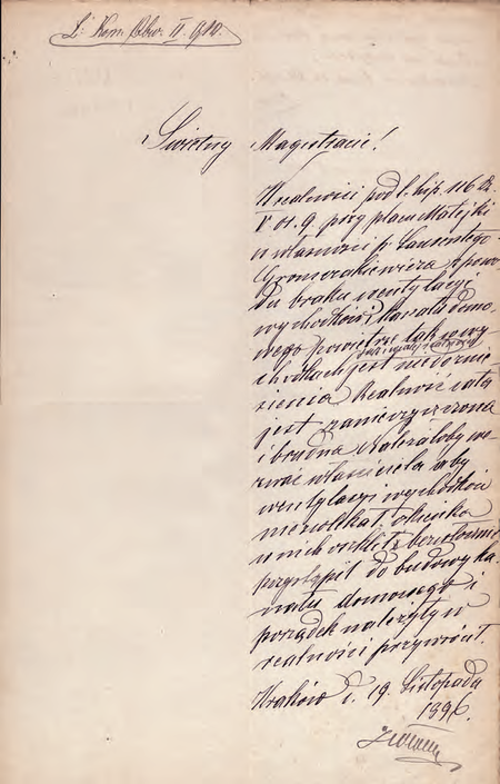 Z magistrackich ksiąg realności sporządzone w 1896 r. wystąpienie komisarza Jana Chryzostoma
Włocha do Magistratu w sprawie braku wentylacji wychodków i kanału domowego oraz
zanieczyszczenia i brudu w realności przy pl. Matejki, której właścicielem jest Laurenty
Gromczakiewicz, były komisarz tegoż Obwodu II
(Archiwum Narodowe w Krakowie, sygn. Kr 7301, nlb)