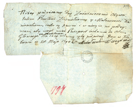 Wystawione przez wójta Cyrkułu I w 1794 r., w czasie powstania kościuszkowskiego, zaświadczenie dla
dwóch obywateli pragnących udać się do obozu głównego wojsk powstańczych
(Archiwum Narodowe w Krakowie, sygn. rkps 2967, s. 203)