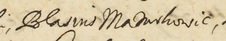 Z księgi radzieckiej Kleparza obejmującej lata 1618–1785: fragment dokonanego w 1649 roku
wpisu dokumentującego obrady rajców kleparskich, z rajcą Błażejem Mazurkowiczem w składzie,
w sprawie wydzierżawienia miejskiej nieruchomości – zbliżenie zapisu imienia
(Archiwum Narodowe w Krakowie, sygn. KL 115, s. 280)