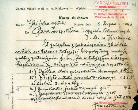 Z akt Starostwa Miejskiego Krakowskiego karta służbowa – notatka z 1940 r.
zastępcy kierownika Mariana Benedyktowicza dotycząca akcji zbiórki metali
(Archiwum Narodowe w Krakowie, sygn. SMKr 78, s. 33)