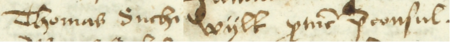 Z księgi miejskiej ławniczej Kleparza obejmującej lata 1499–1528: fragment wpisu z 1507 roku dotyczącego
sprawy przed ławą z udziałem Tomasza Suchywilka, wówczas burmistrza kleparskiego – zbliżenie zapisu imienia i funkcji
(Archiwum Narodowe w Krakowie, sygn. KL 1, s. 114)