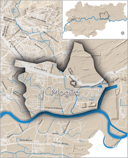 Orientacyjna lokalizacja dawnej wsi Mogiła w obecnych granicach Krakowa – na planie miasta oznaczono
jej położenie w kształcie wyznaczonym granicami jednostki katastralnej, jaką stanowiła, ze wskazaniem najstarszego,
historycznego centrum Mogiły w rejonie dzisiejszych ulic Bardosa, Powiatowej, Kępskiej i Kopaniec