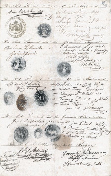 Z operatu pomiarowego do katastru gruntowego fragment sporządzonego w 1844 roku protokołu ustalenia granic Łagiewnik;
widoczna jednolita struktura ustrojowa wsi: przynależność do dominium oraz wewnętrzna gromadzka organizacja z wójtami,
przysiężnikami i przybranymi do danej sprawy reprezentantami „z gromady”
(Archiwum Narodowe w Krakowie, sygn. K. Krak. op. 83, s. 13)