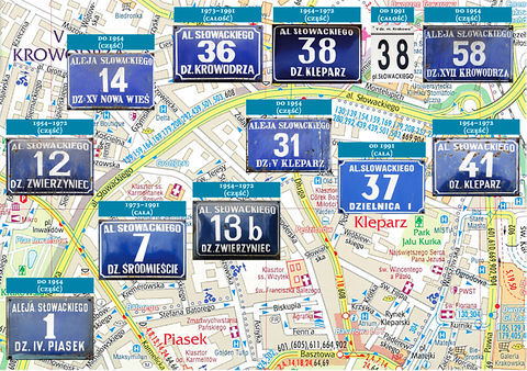 Fot. 48. Na fragmencie planu Kraków Wydawnictwa Gauss s.c. w Krakowie, wydanie XIV, 2016/17 r., przegląd rodzajów tabliczek orientacyjnych wzdłuż losowo dobranej al. Słowackiego, według stanu z lutego 2018 r. – dokonany dla przybliżenia tych drobnych reliktów przeszłości codziennie mijanych na ulicach Krakowa, ale i ukazania złożonej przynależności dzielnicowej krakowskich ulic na przestrzeni ostatnich dziesięcioleci. 
Ta część Alei Trzech Wieszczów ukształtowana została w latach 30. XX w. Jak w całym mieście obowiązuje tam numeracja orientacyjna według zasad wprowadzonych w Krakowie jeszcze w 1881 r., numery domów nie zmieniały się. Zmieniała się natomiast przynależność dzielnicowa uwidaczniana na tabliczkach z numerami. Zmiany te przebiegały następująco:

LEWA STRONA – PARZYSTA:
• do roku 1954 – część od pl. Inwalidów do ul. Grottgera w dz. kat. XV Nowa Wieś, dalsza część w dz. kat. XVII Krowodrza,
• w latach 1954–1972 – część od pl. Inwalidów do ul. Grottgera w dz. Zwierzyniec, część w dz. Kleparz,
• w latach 1973–1991 – całość tej strony alei w dz. Krowodrza,
• od roku 1991 – całość tej strony alei w dz. V, od 2006 r. z nazwą Krowodrza.

PRAWA STRONA – NIEPARZYSTA:
• do roku 1954 – część od ul. Karmelickiej do ul. Krowoderskiej w dz. kat. IV Piasek, dalsza część w dz. kat. V Kleparz,
• lata 1954–1972 – część od ul. Karmelickiej do ul. Krowoderskiej w dz. Zwierzyniec, dalsza część w dz. Kleparz,
• lata 1973–1991 – całość tej strony alei w dz. Śródmieście,
• od roku 1991 – całość tej strony alei w dz. I, od 2006 r. z nazwą Śródmieście.

I tak na al. Słowackiego, po obu jej stronach, zidentyfikowano na frontonach kamienic cały, bez wyjątku, komplet różnych rodzajów tabliczek, obowiązujących od utworzenia tego ciągu komunikacyjnego do chwili obecnej. Zatem jest to pełny przegląd zmian przynależności dzielnicowej poszczególnych fragmentów alei w trakcie jej – niedługo już – stuletniego istnienia. Co więcej, stare, historyczne już tabliczki z różnych okresów służą nadal, zresztą jako jedyne w przypadku znakomitej większości tamtejszych kamienic – sama numeracja, jak powiedziano już, nie zmieniła się, a zmiany przynależności dzielnicowej, jak widać, były i są uwidaczniane na domach od przypadku do przypadku. Dość wskazać, że na łączną liczbę 56 domów położonych przy al. Słowackiego tylko na 10 znajdują się aktualne tabliczki orientacyjne z prawidłowym wskazaniem dzielnicy.