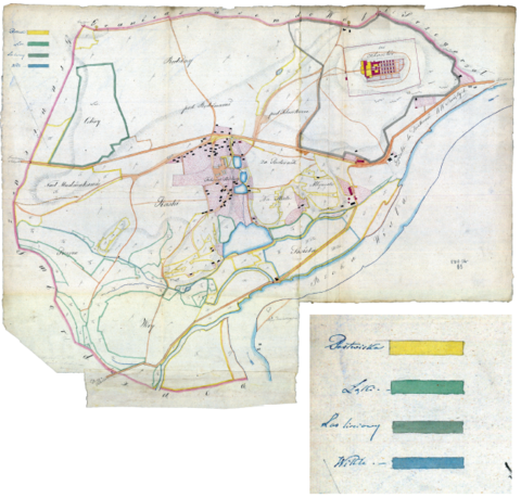Mapa 26. Bielany.  Z Archiwum Wolnego Miasta Krakowa mapa wsi Bielany w oryginale wyrysowana w 1820 roku przez Karola Bełcikowskiego, geometrę rządowego, tu w kopii wykonanej przez Teofila Żebrawskiego – oraz powiększenie ocalałego fragmentu legendy (Archiwum Narodowe w Krakowie, sygn. 29/200/65).