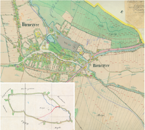 Mapa 28. Bieńczyce. Centrum Bieńczyc na mapie katastralnej sporządzonej dla gminy katastralnej Bieńczyce w 1850 roku oraz pochodzący z lat 1847–1848 plan sytuacyjny z wyrysowanymi granicami gminy Bieńczyce i lokalizacją gmin sąsiadujących (Archiwum Narodowe w Krakowie, sygn. K. Krak. 24-IV, V; sygn. WM 562, s. 237). 