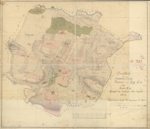 Mapa 32. Bieżanów. Mapa wsi Bieżanów z Kaimem i Łazami sporządzona przez inżyniera Fiedera w 1784 roku, w dwa lata po przejściu dóbr bieżanowskich, do tej pory będących własnością kościelną, na rzecz Funduszu Religijnego powołanego przez Austriaków dla finansowania szkolnictwa, szpitali i nowych parafii; na mapce kolorami zaznaczono własność niektórych gruntów, budynki, lasy, łąki i pastwiska oraz drogi i wody (Archiwum Narodowe w Krakowie, sygn. Zb. Kart. IV-1).