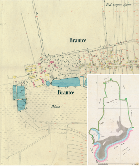 Mapa 38. Branice. Fragment Branic na mapie katastralnej sporządzonej dla gminy katastralnej Branice w 1850 roku oraz pochodzący z lat 1847–1848 plan sytuacyjny z wyrysowanymi granicami gminy Branice i lokalizacją gmin sąsiadujących (Archiwum Narodowe w Krakowie, sygn. K. Krak. 69 II, IV; sygn. WM 562, s. 381).