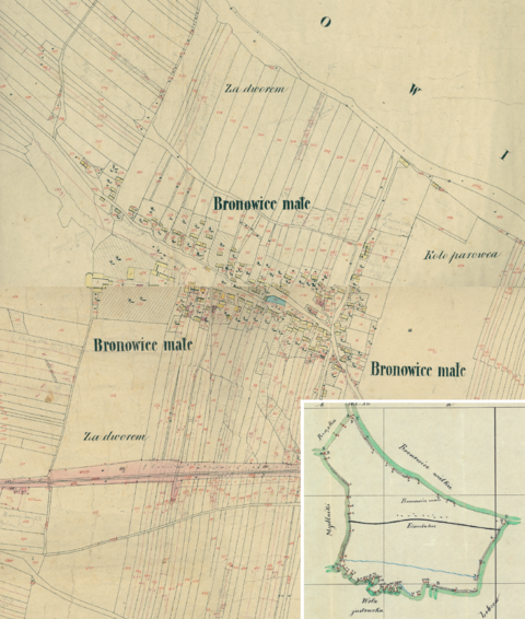 Mapa 40. Bronowice Małe. Centrum Bronowic Małych na mapie katastralnej sporządzonej dla gminy katastralnej Bronowice Małe w 1850 roku oraz pochodzący z lat 1847–1848 plan sytuacyjny z wyrysowanymi granicami gminy Bronowice Małe i lokalizacją gmin sąsiadujących (Archiwum Narodowe w Krakowie, sygn. K. Krak. 71 I–IV; sygn. WM 562, s. 417).