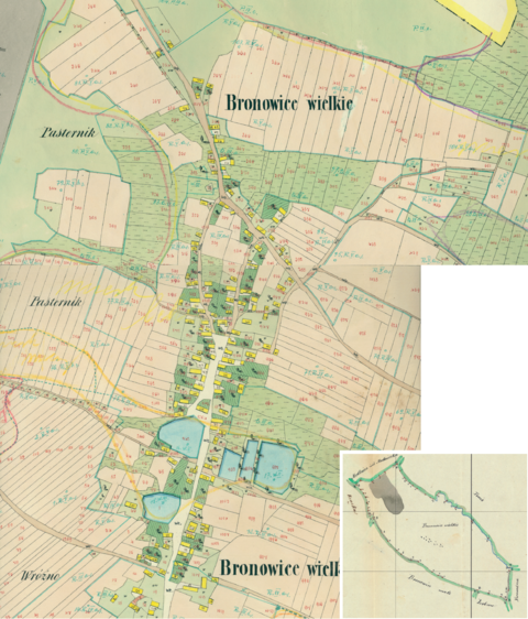 Mapa 43. Bronowice Wielkie. Centrum Bronowic Wielkich na mapie katastralnej sporządzonej dla gminy katastralnej Bronowice Wielkie w 1850 roku oraz pochodzący z lat 1847–1848 plan sytuacyjny z wyrysowanymi granicami gminy Bronowice Wielkie i lokalizacją gmin sąsiadujących (Archiwum Narodowe w Krakowie, sygn. K. Krak. 74 II, IV; sygn. WM 562, s. 439).