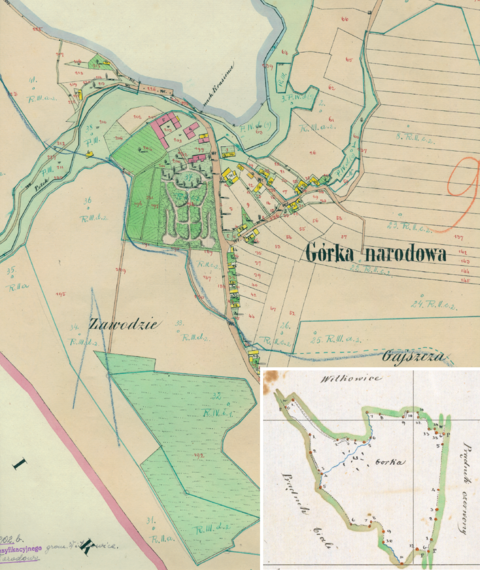 Mapa 52. Górka Narodowa. Centrum Górki Narodowej na mapie katastralnej sporządzonej dla gminy katastralnej Górka Narodowa w 1850 roku oraz pochodzący z 1847 roku plan sytuacyjny z wyrysowanymi granicami gminy Górka Narodowa i lokalizacją gmin sąsiadujących (Archiwum Narodowe w Krakowie, sygn. K. Krak. 176 II; sygn. WM 562, s. 1177).