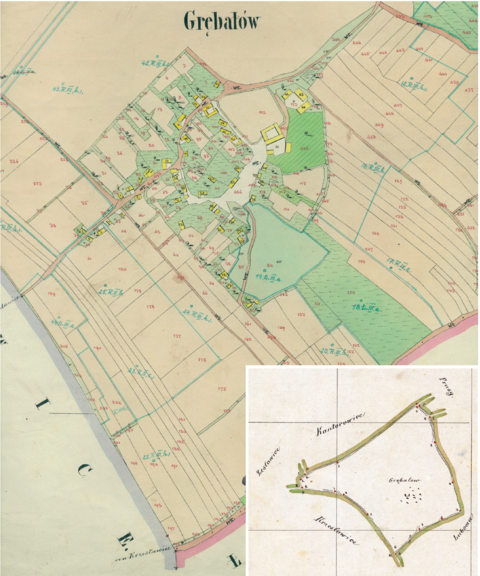 Mapa 54. Grębałów. Centrum Grębałowa na mapie katastralnej sporządzonej dla gminy katastralnej Grębałów w 1850 roku oraz pochodzący z lat 1847–1848 plan sytuacyjny z wyrysowanymi granicami gminy Grębałów i lokalizacją gmin sąsiadujących (Archiwum Narodowe w Krakowie, sygn. K. Krak. 190 II; sygn. WM 562, s. 1219).