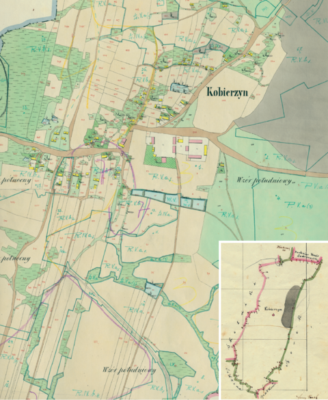 Mapa 60. Kobierzyn. Centrum Kobierzyna na mapie katastralnej sporządzonej dla gminy katastralnej Kobierzyn w 1848 roku oraz pochodzący z 1843 roku plan sytuacyjny z wyrysowanymi granicami gminy Kobierzyn oraz lokalizacją gmin sąsiadujących (Archiwum Narodowe w Krakowie, sygn. K. Krak. 229 IV, V; sygn. K. Krak. op. 60, pl. 1).