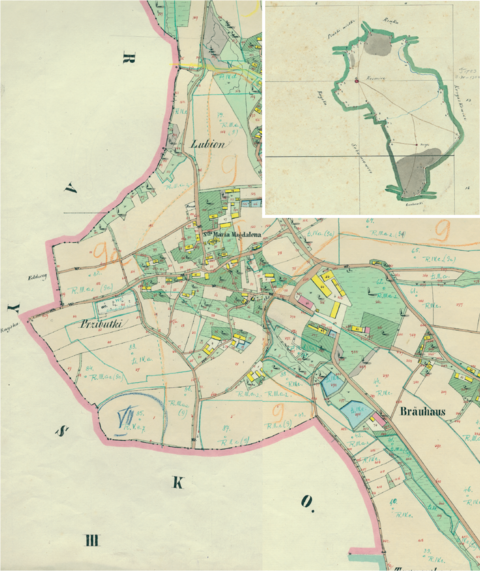 Mapa 62. Kosocice. Centrum Kosocic na mapie katastralnej sporządzonej dla gminy katastralnej Kosocice w 1848 roku oraz pochodzący z 1845 roku plan sytuacyjny z wyrysowanymi granicami gminy Kosocice oraz lokalizacją gmin sąsiadujących (Archiwum Narodowe w Krakowie, sygn. K. Krak. 257 III, IV; sygn. K. Krak. op. 67, s. 1).