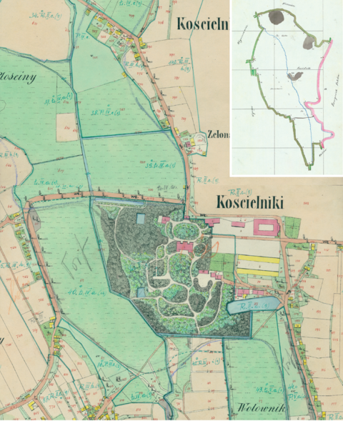 Mapa 67. Kościelniki. Centrum Kościelnik na mapie katastralnej sporządzonej dla gminy katastralnej Kościelniki w 1850 roku oraz pochodzący z lat 1847–1848 plan sytuacyjny z wyrysowanymi granicami gminy Kościelniki i lokalizacją gmin sąsiadujących (Archiwum Narodowe w Krakowie, sygn. K. Krak. 254 III, IV; sygn. WM 562, s. 1675).