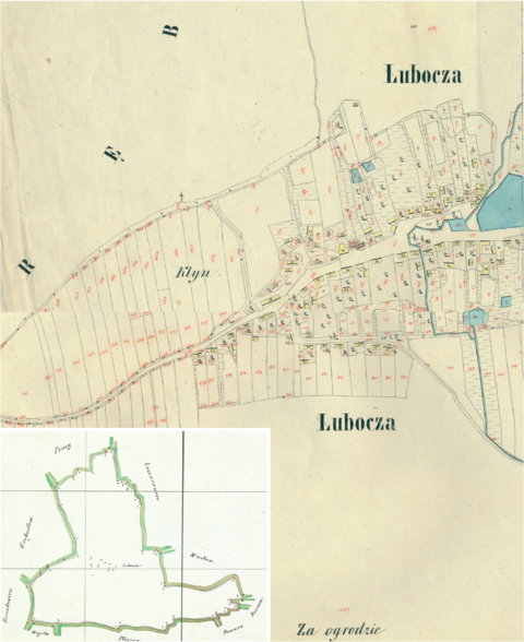 Mapa 73. Lubocza. Centrum Luboczy na mapie katastralnej sporządzonej dla gminy katastralnej Lubocza w 1850 roku oraz pochodzący z lat 1847–1848 plan sytuacyjny z wyrysowanymi granicami tej gminy i lokalizacją gmin sąsiadujących (Archiwum Narodowe w Krakowie, sygn. K. Krak. 321; sygn. WM 562, nlb.).