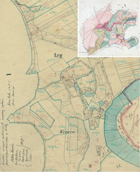 Mapa 79. Łęg. Fragment Łęgu na mapie katastralnej sporządzonej dla gminy katastralnej Łęg w 1850 roku oraz pochodzący z 1835 roku plan wsi Czyżyny i Łęg wraz z lokalizacją wsi sąsiadujących (Archiwum Narodowe w Krakowie, sygn. K. Krak. 128 IV; sygn. 29/200/137).