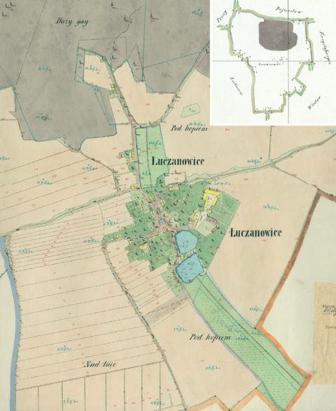Mapa 81. Łuczanowice. Centrum Łuczanowic na mapie katastralnej sporządzonej dla gminy katastralnej Łuczanowice w 1850 roku oraz pochodzący z lat 1847–1848 plan sytuacyjny z wyrysowanymi granicami gminy Łuczanowice i lokalizacją gmin sąsiadujących (Archiwum Narodowe w Krakowie, sygn. K. Krak. 349 I, II, III; sygn. WM 562, s. 2063).