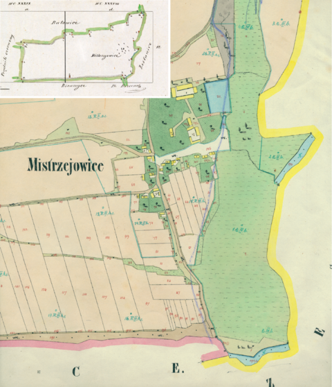 Mapa 83. Mistrzejowice. Centrum Mistrzejowic na mapie katastralnej sporządzonej dla gminy katastralnej Mistrzejowice w 1850 roku oraz pochodzący z lat 1847–1848 plan sytuacyjny z wyrysowanymi granicami gminy Mistrzejowice i lokalizacją gmin sąsiadujących (Archiwum Narodowe w Krakowie, sygn. K. Krak. 355 II; sygn. WM 563a, s. 1).