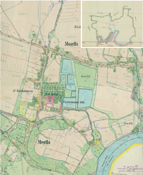 Mapa 85. Mogiła. Centrum Mogiły na mapie katastralnej sporządzonej dla gminy katastralnej Mogiła w 1850 roku oraz pochodzący z lat 1847–1848 plan sytuacyjny z wyrysowanymi granicami gminy Mogiła i lokalizacją gmin sąsiadujących (Archiwum Narodowe w Krakowie, sygn. K. Krak. 368 III, V; sygn. WM 563a, nlb.).