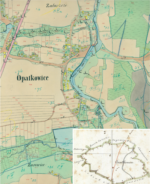 Mapa 95. Opatkowice. Centrum Opatkowic na mapie katastralnej sporządzonej dla gminy katastralnej Opatkowice w 1848 roku oraz pochodzący z 1845 roku plan sytuacyjny z wyrysowanymi granicami tej gminy oraz lokalizacją gmin sąsiadujących (Archiwum Narodowe w Krakowie, sygn. K. Krak. 408 IV; sygn. K. Krak. op. 102, s. 3).