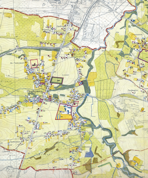 Mapa 96. Opatkowice. Z dokumentacji Biura Rozwoju Krakowa dotyczący wsi Opatkowice fragment sporządzonej w 1968 roku Inwentaryzacji bezpośredniej użytkowania terenu i budynków dla gromady Swoszowice (Archiwum Narodowe w Krakowie, sygn. 29/1405/2331).