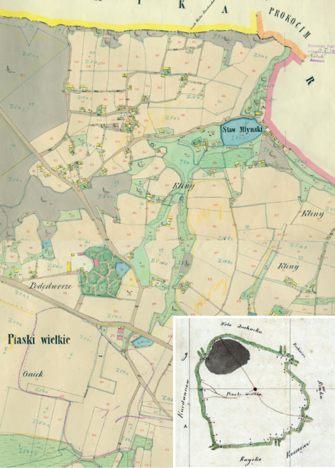 Mapa 98. Piaski Wielkie. Fragment Piasków Wielkich na mapie katastralnej sporządzonej dla gminy katastralnej Piaski Wielkie w 1849 roku oraz pochodzący z 1847 roku plan sytuacyjny z wyrysowanymi granicami gminy Piaski Wielkie i lokalizacją gmin sąsiadujących (Archiwum Narodowe w Krakowie, sygn. K. Krak. 421 I, III; sygn. K. Krak. op. 106, s. 1).