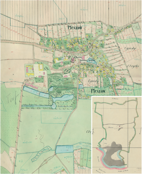 Mapa 100. Pleszów. Centrum Pleszowa na mapie katastralnej sporządzonej dla gminy katastralnej Pleszów w 1850 roku oraz pochodzący z lat 1847–1848 plan sytuacyjny z wyrysowanymi granicami gminy Pleszów i lokalizacją gmin sąsiadujących (Archiwum Narodowe w Krakowie, sygn. K. Krak. 433 V, VIII; sygn. WM 563a, nlb.).