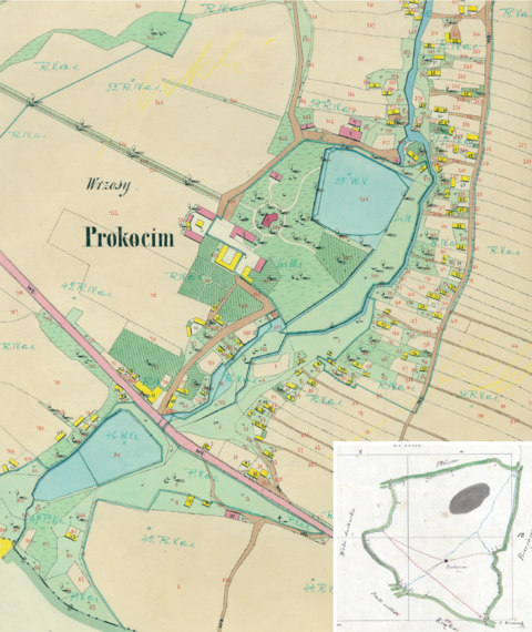 Mapa 109. Prokocim. Centrum Prokocimia na mapie katastralnej sporządzonej dla gminy katastralnej Prokocim w 1849 roku oraz pochodzący z 1847 roku plan sytuacyjny z wyrysowanymi granicami gminy Prokocim oraz lokalizacją gmin sąsiadujących (Archiwum Narodowe w Krakowie, sygn. K. Krak. 470 IV; sygn. K. Krak. op. 117, s. 3).