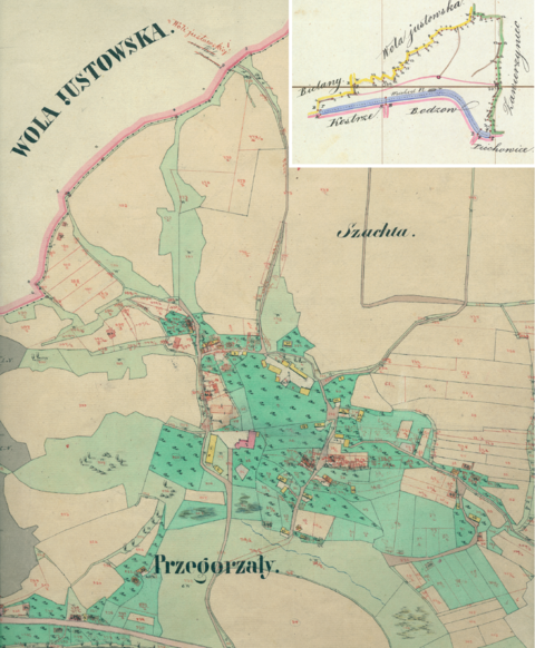 Mapa 111. Przegorzały. Centrum Przegorzał na mapie katastralnej sporządzonej dla gminy katastralnej Przegorzały w 1848 roku oraz pochodzący z lat 1847–1848 plan sytuacyjny z wyrysowanymi granicami gminy Przegorzały i lokalizacją gmin sąsiadujących (Archiwum Narodowe w Krakowie, sygn. K. Krak. 488 I; sygn. WM 563a, nlb.).