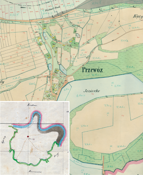 Mapa 113. Przewóz. Centrum Przewozu na mapie katastralnej sporządzonej dla gminy katastralnej Przewóz w 1849 roku oraz pochodzący z 1845 roku plan sytuacyjny z wyrysowanymi granicami gminy Przewóz i lokalizacją gmin sąsiadujących (Archiwum Narodowe w Krakowie, sygn. K. Krak. 491 IV; sygn. K. Krak. op. 1233, s. 1).