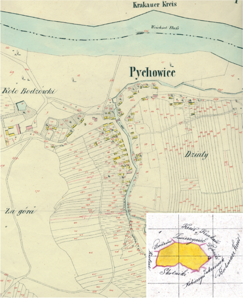 Mapa 118. Pychowice. Centrum Pychowic na mapie katastralnej sporządzonej dla gminy katastralnej Pychowice w 1849 roku oraz pochodzący z 1845 roku plan sytuacyjny z wyrysowanymi granicami gminy Pychowice oraz lokalizacją gmin sąsiadujących (Archiwum Narodowe w Krakowie, sygn. K. Krak. 497 II; sygn. 29/280/1379, k. 1).