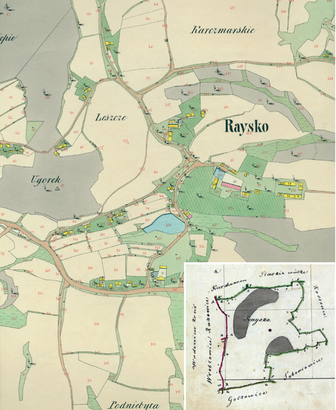 Mapa 120. Rajsko. Centrum Rajska na mapie katastralnej sporządzonej dla gminy katastralnej Rajsko w 1849 roku oraz pochodzący z 1847 roku plan sytuacyjny z wyrysowanymi granicami gminy Rajsko oraz lokalizacją gmin sąsiadujących (Archiwum Narodowe w Krakowie, sygn. K. Krak. 514 IV; sygn. K. Krak. op. 128, s. 1).