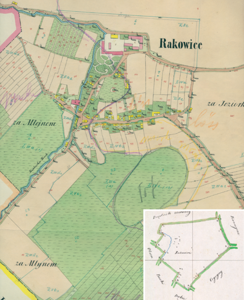 Mapa 122. Rakowice. Centrum Rakowic na mapie katastralnej sporządzonej dla gminy katastralnej Rakowice w 1850 roku oraz pochodzący z lat 1847–1848 plan sytuacyjny z wyrysowanymi granicami gminy Rakowice i lokalizacją gmin sąsiadujących (Archiwum Narodowe w Krakowie, sygn. K. Krak. 519 I; sygn. WM 563a, nlb.).