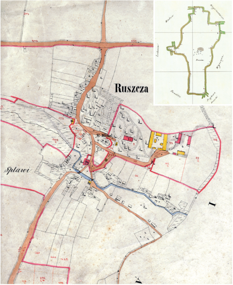 Mapa 124. Ruszcza. Centrum Ruszczy na mapie katastralnej sporządzonej dla gminy katastralnej Ruszcza w 1847 roku oraz pochodzący z 1848 roku plan sytuacyjny z wyrysowanymi granicami gminy Ruszcza i lokalizacją gmin sąsiadujących (Archiwum Narodowe w Krakowie, sygn. K. Krak. 536 II; sygn. WM 563a, nlb.).